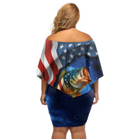 American Flag Bass Fishing Graphic Off Shoulder Short Dress Patriotic Fish and Starry Galaxy Background - Wonder Print Shop