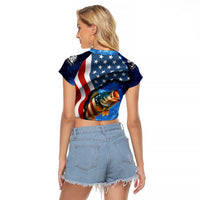 American Flag Bass Fishing Graphic Raglan Cropped T Shirt Patriotic Fish and Starry Galaxy Background - Wonder Print Shop