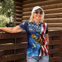 American Flag Bass Fishing Graphic Women Polo Shirt Patriotic Fish and Starry Galaxy Background - Wonder Print Shop