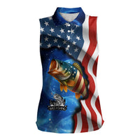 American Flag Bass Fishing Graphic Women Sleeveless Polo Shirt Patriotic Fish and Starry Galaxy Background - Wonder Print Shop