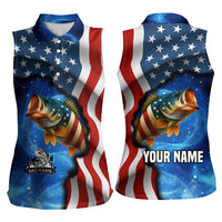 American Flag Bass Fishing Graphic Women Sleeveless Polo Shirt Patriotic Fish and Starry Galaxy Background - Wonder Print Shop