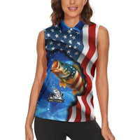 American Flag Bass Fishing Graphic Women Sleeveless Polo Shirt Patriotic Fish and Starry Galaxy Background - Wonder Print Shop