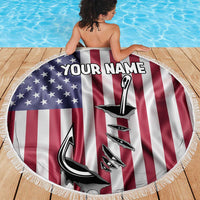 Fishing Fish Hook American Flag Beach Blanket Custom Name Graphic in Patriotic Striped Theme - Wonder Print Shop