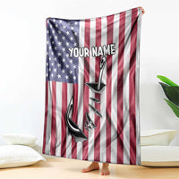 Fishing Fish Hook American Flag Blanket Custom Name Graphic in Patriotic Striped Theme - Wonder Print Shop