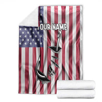 Fishing Fish Hook American Flag Blanket Custom Name Graphic in Patriotic Striped Theme - Wonder Print Shop
