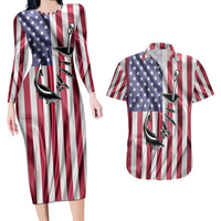 Fishing Fish Hook American Flag Couples Matching Long Sleeve Bodycon Dress and Hawaiian Shirt Custom Name Graphic in Patriotic Striped Theme - Wonder Print Shop