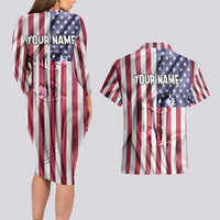 Fishing Fish Hook American Flag Couples Matching Long Sleeve Bodycon Dress and Hawaiian Shirt Custom Name Graphic in Patriotic Striped Theme - Wonder Print Shop