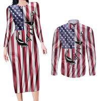 Fishing Fish Hook American Flag Couples Matching Long Sleeve Bodycon Dress and Long Sleeve Button Shirt Custom Name Graphic in Patriotic Striped Theme - Wonder Print Shop