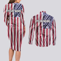 Fishing Fish Hook American Flag Couples Matching Long Sleeve Bodycon Dress and Long Sleeve Button Shirt Custom Name Graphic in Patriotic Striped Theme - Wonder Print Shop