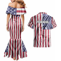 Fishing Fish Hook American Flag Couples Matching Mermaid Dress and Hawaiian Shirt Custom Name Graphic in Patriotic Striped Theme - Wonder Print Shop