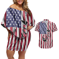 Fishing Fish Hook American Flag Couples Matching Off Shoulder Short Dress and Hawaiian Shirt Custom Name Graphic in Patriotic Striped Theme - Wonder Print Shop