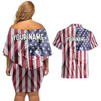 Fishing Fish Hook American Flag Couples Matching Off Shoulder Short Dress and Hawaiian Shirt Custom Name Graphic in Patriotic Striped Theme - Wonder Print Shop
