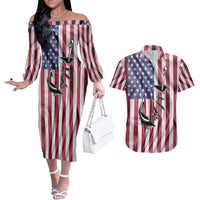 Fishing Fish Hook American Flag Couples Matching Off The Shoulder Long Sleeve Dress and Hawaiian Shirt Custom Name Graphic in Patriotic Striped Theme - Wonder Print Shop