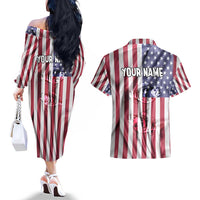 Fishing Fish Hook American Flag Couples Matching Off The Shoulder Long Sleeve Dress and Hawaiian Shirt Custom Name Graphic in Patriotic Striped Theme - Wonder Print Shop
