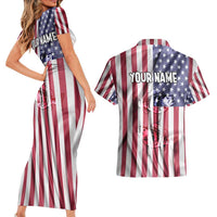 Fishing Fish Hook American Flag Couples Matching Short Sleeve Bodycon Dress and Hawaiian Shirt Custom Name Graphic in Patriotic Striped Theme - Wonder Print Shop