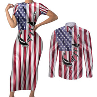 Fishing Fish Hook American Flag Couples Matching Short Sleeve Bodycon Dress and Long Sleeve Button Shirt Custom Name Graphic in Patriotic Striped Theme - Wonder Print Shop