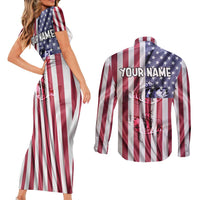Fishing Fish Hook American Flag Couples Matching Short Sleeve Bodycon Dress and Long Sleeve Button Shirt Custom Name Graphic in Patriotic Striped Theme - Wonder Print Shop