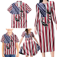 Fishing Fish Hook American Flag Family Matching Long Sleeve Bodycon Dress and Hawaiian Shirt Custom Name Graphic in Patriotic Striped Theme - Wonder Print Shop
