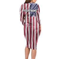 Fishing Fish Hook American Flag Family Matching Long Sleeve Bodycon Dress and Hawaiian Shirt Custom Name Graphic in Patriotic Striped Theme - Wonder Print Shop