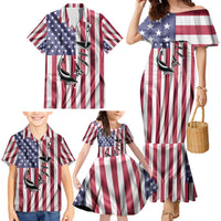 Fishing Fish Hook American Flag Family Matching Mermaid Dress and Hawaiian Shirt Custom Name Graphic in Patriotic Striped Theme - Wonder Print Shop