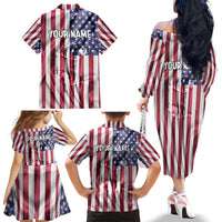 Fishing Fish Hook American Flag Family Matching Off The Shoulder Long Sleeve Dress and Hawaiian Shirt Custom Name Graphic in Patriotic Striped Theme - Wonder Print Shop