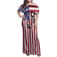 Fishing Fish Hook American Flag Family Matching Off Shoulder Maxi Dress and Hawaiian Shirt Custom Name Graphic in Patriotic Striped Theme - Wonder Print Shop