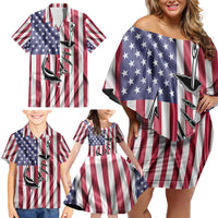 Fishing Fish Hook American Flag Family Matching Off Shoulder Short Dress and Hawaiian Shirt Custom Name Graphic in Patriotic Striped Theme - Wonder Print Shop