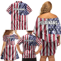 Fishing Fish Hook American Flag Family Matching Off Shoulder Short Dress and Hawaiian Shirt Custom Name Graphic in Patriotic Striped Theme - Wonder Print Shop