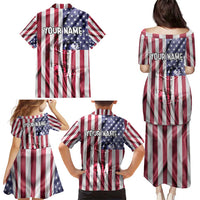 Fishing Fish Hook American Flag Family Matching Puletasi and Hawaiian Shirt Custom Name Graphic in Patriotic Striped Theme - Wonder Print Shop