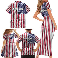 Fishing Fish Hook American Flag Family Matching Short Sleeve Bodycon Dress and Hawaiian Shirt Custom Name Graphic in Patriotic Striped Theme - Wonder Print Shop