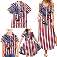 Fishing Fish Hook American Flag Family Matching Summer Maxi Dress and Hawaiian Shirt Custom Name Graphic in Patriotic Striped Theme - Wonder Print Shop