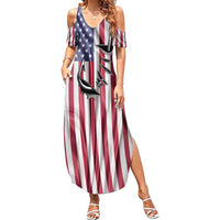 Fishing Fish Hook American Flag Family Matching Summer Maxi Dress and Hawaiian Shirt Custom Name Graphic in Patriotic Striped Theme - Wonder Print Shop