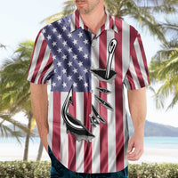 Fishing Fish Hook American Flag Hawaiian Shirt Custom Name Graphic in Patriotic Striped Theme - Wonder Print Shop