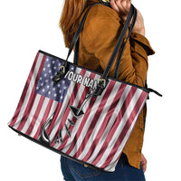 Fishing Fish Hook American Flag Leather Tote Bag Custom Name Graphic in Patriotic Striped Theme - Wonder Print Shop