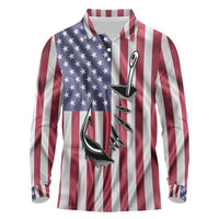 Fishing Fish Hook American Flag Long Sleeve Polo Shirt Custom Name Graphic in Patriotic Striped Theme - Wonder Print Shop