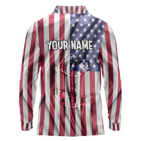 Fishing Fish Hook American Flag Long Sleeve Polo Shirt Custom Name Graphic in Patriotic Striped Theme - Wonder Print Shop