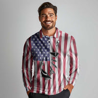 Fishing Fish Hook American Flag Long Sleeve Polo Shirt Custom Name Graphic in Patriotic Striped Theme - Wonder Print Shop