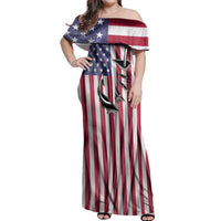 Fishing Fish Hook American Flag Off Shoulder Maxi Dress Custom Name Graphic in Patriotic Striped Theme - Wonder Print Shop