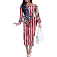 Fishing Fish Hook American Flag Off The Shoulder Long Sleeve Dress Custom Name Graphic in Patriotic Striped Theme - Wonder Print Shop
