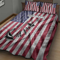 Fishing Fish Hook American Flag Quilt Bed Set Custom Name Graphic in Patriotic Striped Theme - Wonder Print Shop