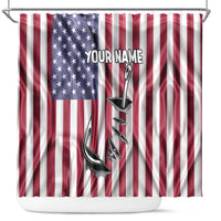 Fishing Fish Hook American Flag Shower Curtain Custom Name Graphic in Patriotic Striped Theme - Wonder Print Shop