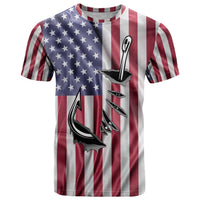 Fishing Fish Hook American Flag T Shirt Custom Name Graphic in Patriotic Striped Theme - Wonder Print Shop