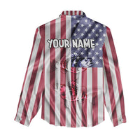 Fishing Fish Hook American Flag Women Casual Shirt Custom Name Graphic in Patriotic Striped Theme - Wonder Print Shop