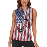 Fishing Fish Hook American Flag Women Sleeveless Polo Shirt Custom Name Graphic in Patriotic Striped Theme - Wonder Print Shop