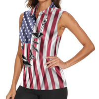 Fishing Fish Hook American Flag Women Sleeveless Polo Shirt Custom Name Graphic in Patriotic Striped Theme - Wonder Print Shop