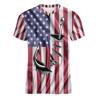 Fishing Fish Hook American Flag Women V-Neck T-Shirt Custom Name Graphic in Patriotic Striped Theme - Wonder Print Shop