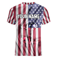 Fishing Fish Hook American Flag Women V-Neck T-Shirt Custom Name Graphic in Patriotic Striped Theme - Wonder Print Shop