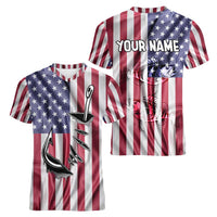 Fishing Fish Hook American Flag Women V-Neck T-Shirt Custom Name Graphic in Patriotic Striped Theme - Wonder Print Shop