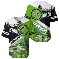 Green and Black Largemouth Bass Fishing Baseball Jersey Custom Name Design and Angler Silhouette Illustration - Wonder Print Shop