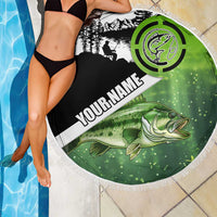 Green and Black Largemouth Bass Fishing Beach Blanket Custom Name Design and Angler Silhouette Illustration - Wonder Print Shop